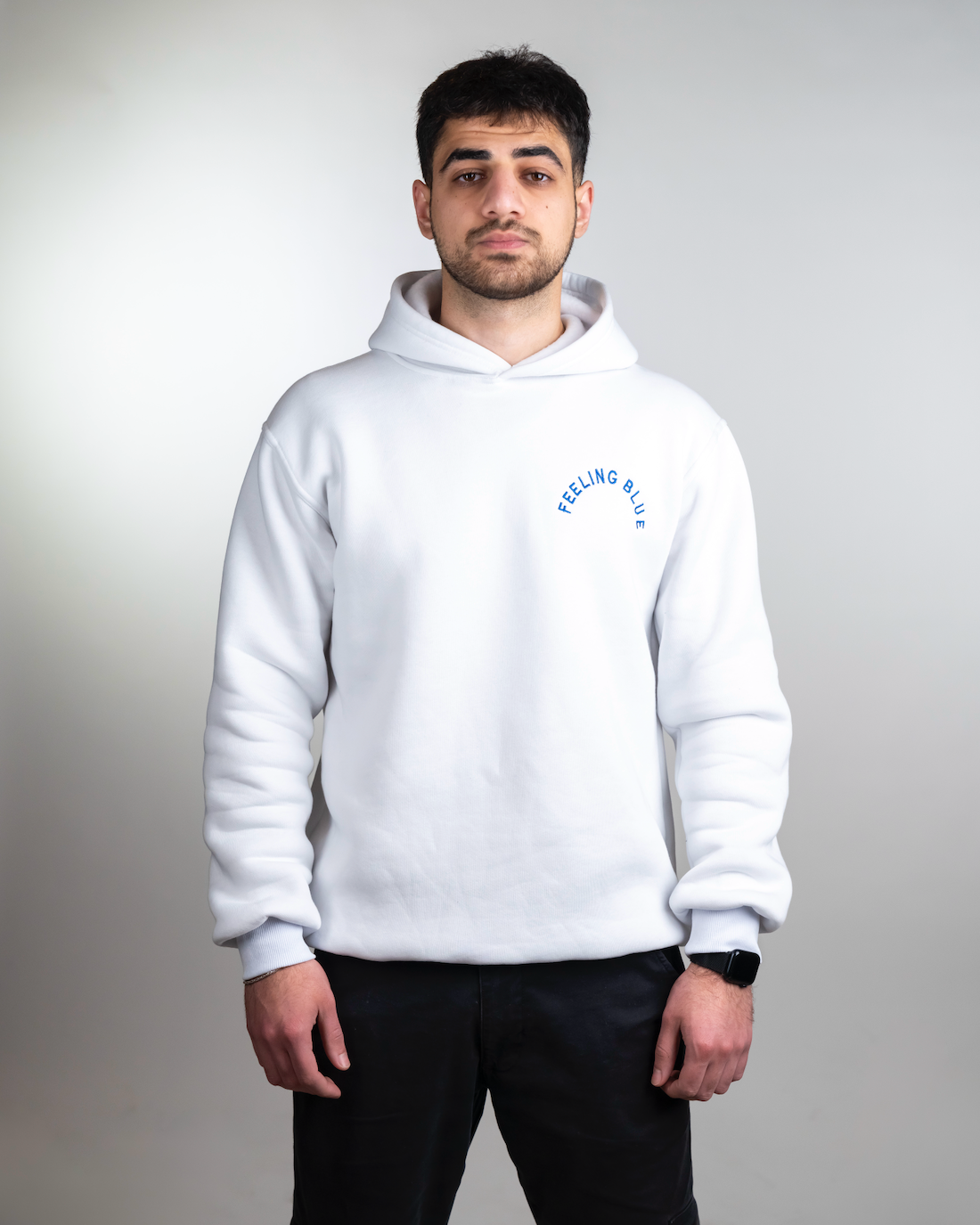 White "Feeling Blue" Unisex Long Sleeve Comfy Hoodie :(