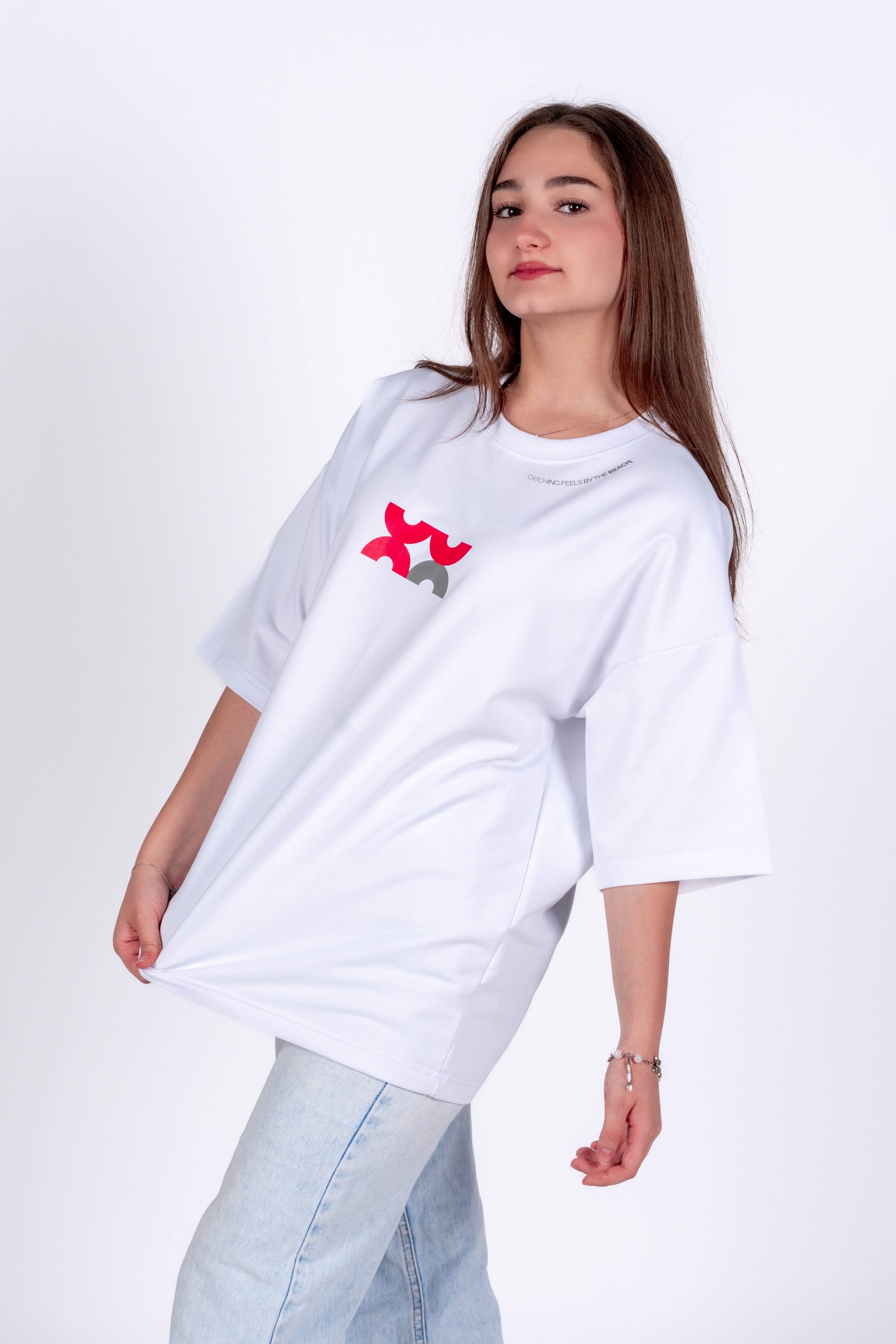 Oversized "Catching Feels By The Beach" White Unisex T-Shirt